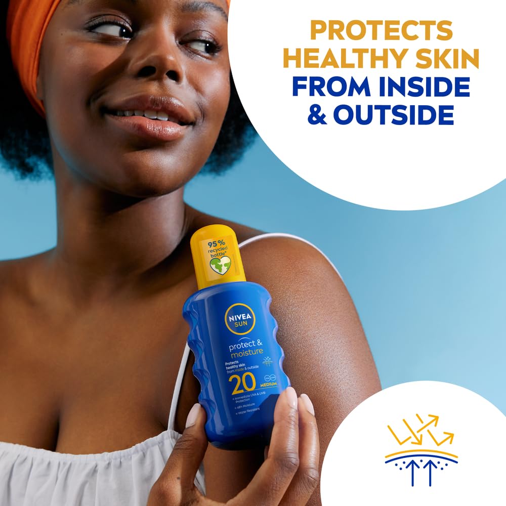 NIVEA SUN Protect & Moisture Sun Spray SPF 50+ (200ml), Moisturising Suncream Spray with Vitamin C and Hyaluron, Immediate UVA/UVB Protection, Fast-Absorbing No White Cast Formula