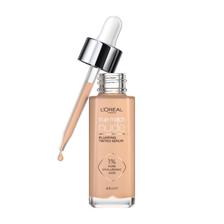 L'Oréal Paris Nude Tinted Serum for Face, Plumping and Hydrating Face Makeup, 1 Percent Pure Hyaluronic Acid, Nude Foundation to Cover, Replumps and Hydrates Skin in One Hour, Shade 4-5 Medium