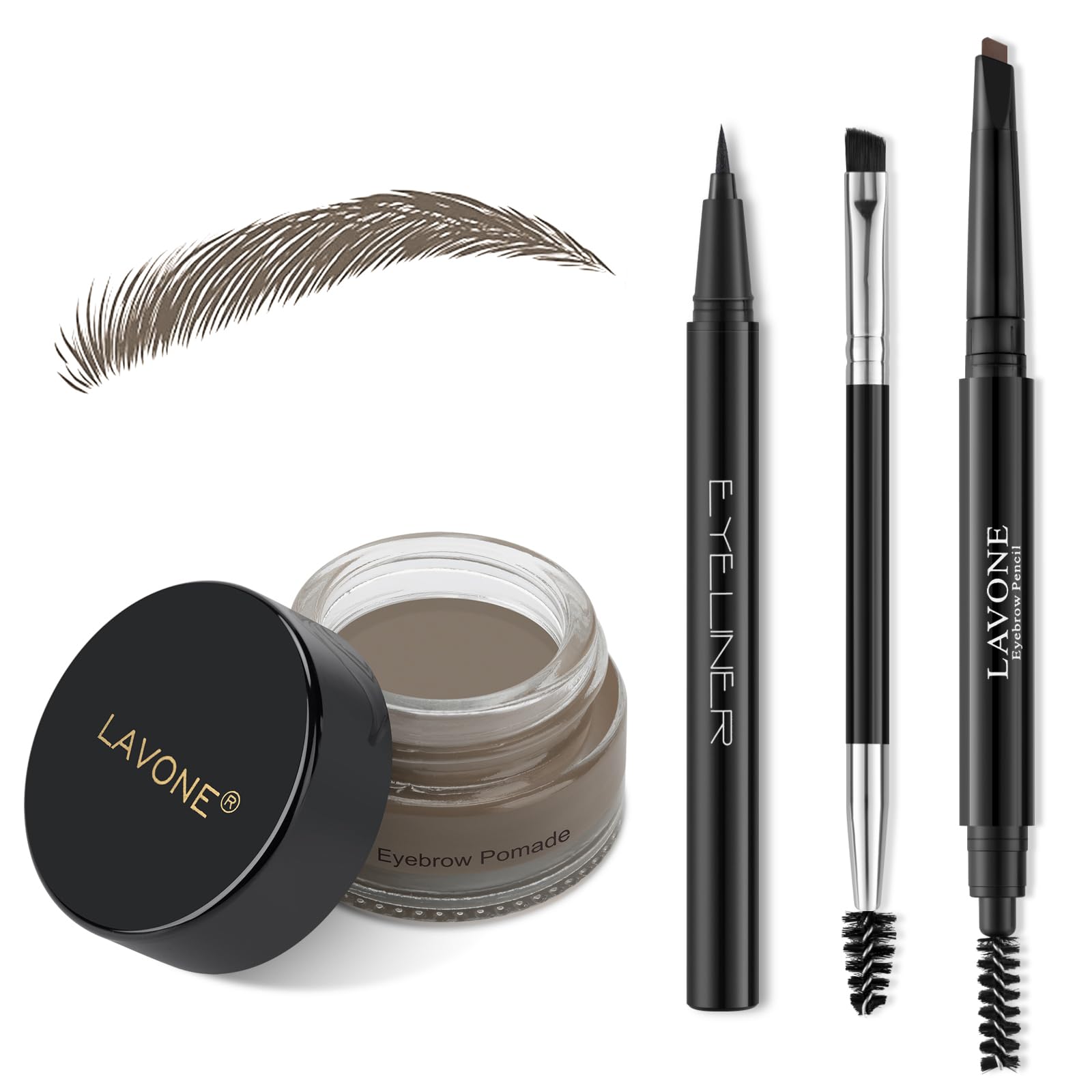 LAVONE Makeup Kit With Eyebrow Stamp Pencil, Waterproof Brow Pencil & Pomade, Eyeliner, Dual-ended Eyebrow Brush, Dark Brown