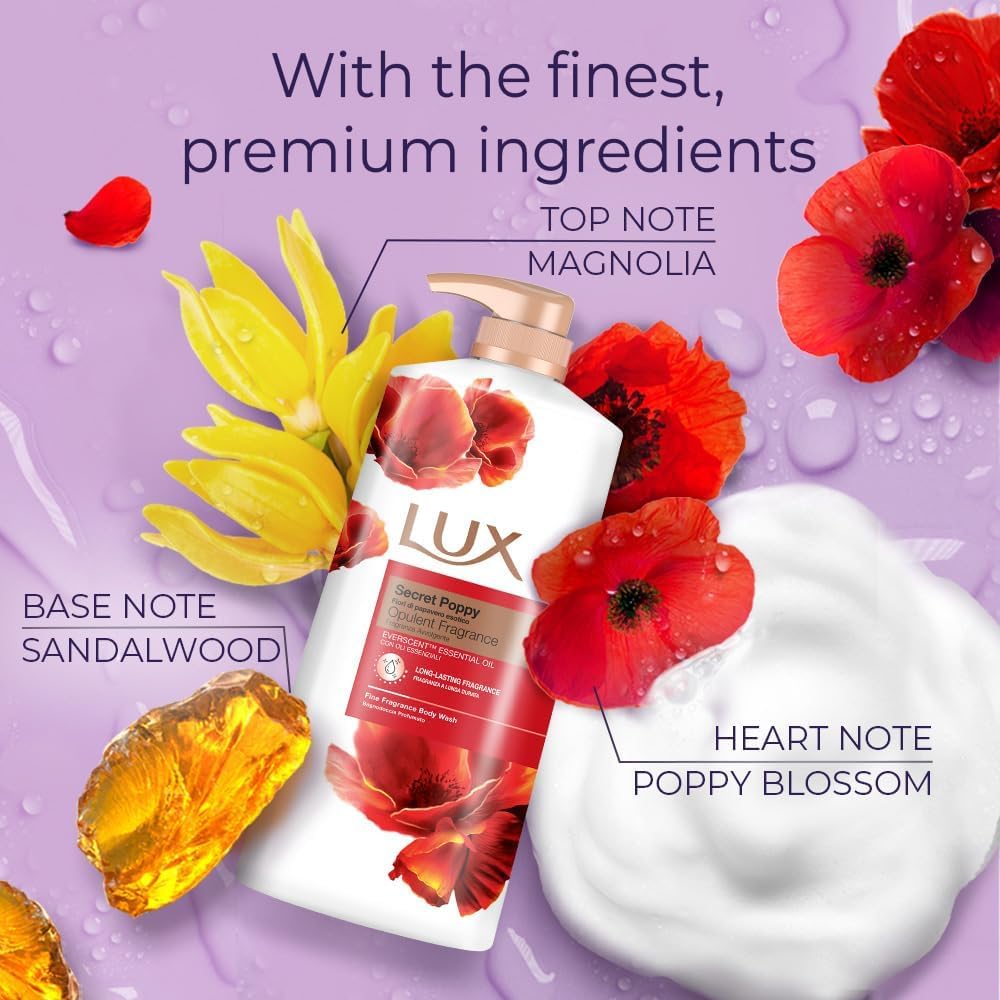 LUX Charming Peony Body Wash with Orange Oil - Men's & Women's Aromatic, Long-Lasting Fine Fragrance Shower Gel, Nourishing Body Cleanser, Aromatic Fragrance Bath Soap - Pack of 1, 1L