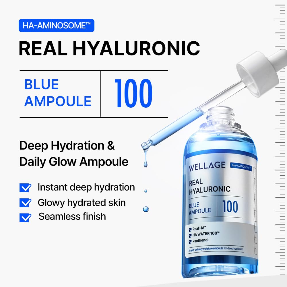 WELLAGE Real Hyaluronic Blue Ampoule 100, Korean Hydrating Serum for Face, Fragrance Free Hyaluronic Acid Deep Moisturizing Serum with Panthenol, PDRN for Sensitive Dry Skin Moisturizer, 2.54 Fl Oz_R Halalzen