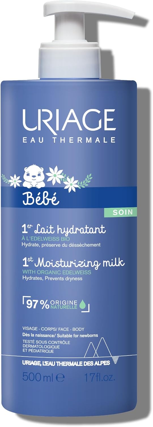Uriage Baby Daily Moisturizing Lotion with Organic Edelweiss & Shea Butter 500ml - Nourishes, Moisturizes & Protects Skin - Non-greasy - Delicately Scented - Suitable for Newborns - 97% Natural Origin