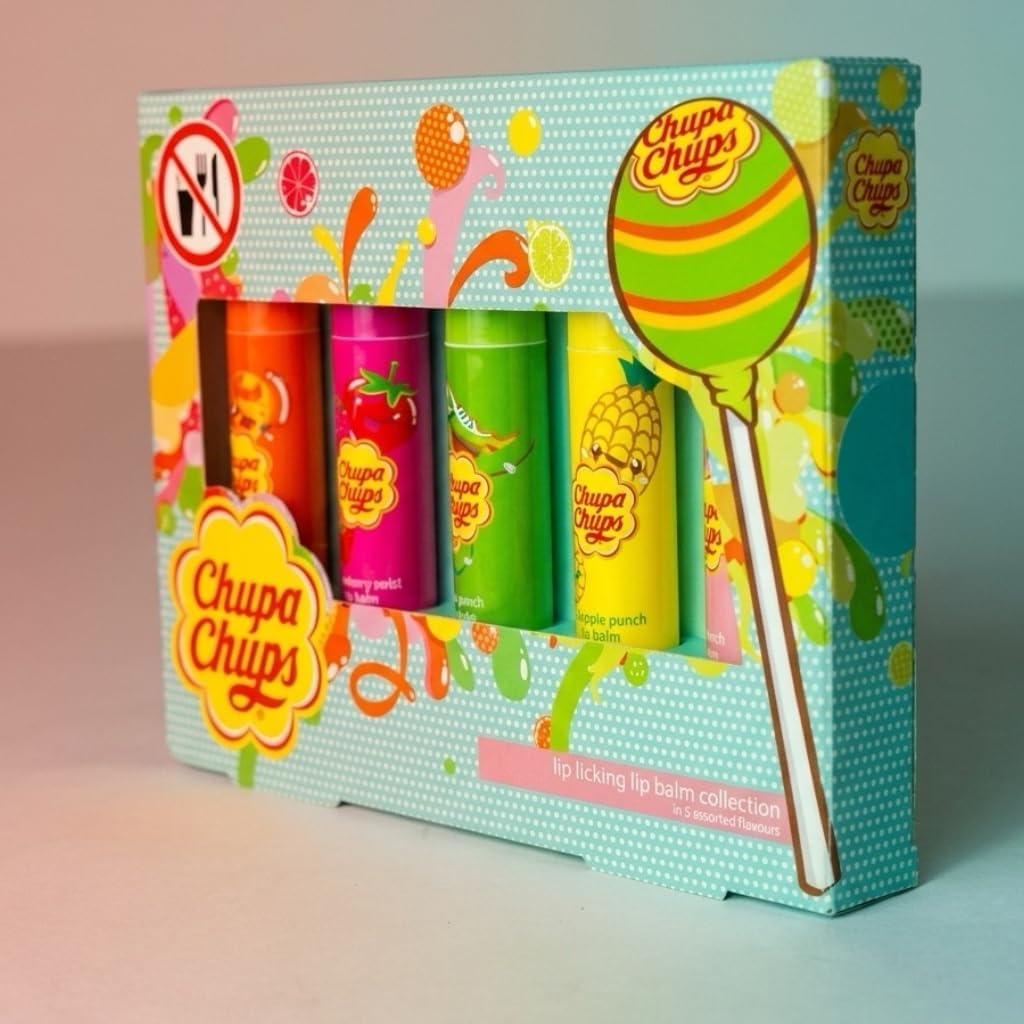 Chupa Chups Lip Licking Lip Balm Collection, 5 Assorted Flavors: Orange Pop, Strawberry Swirl, Melon Mix, Pineapple Punch, and Peach Pulp - Fun, Flavored Lip Care Gift Set for Kids and Adults Halalzen