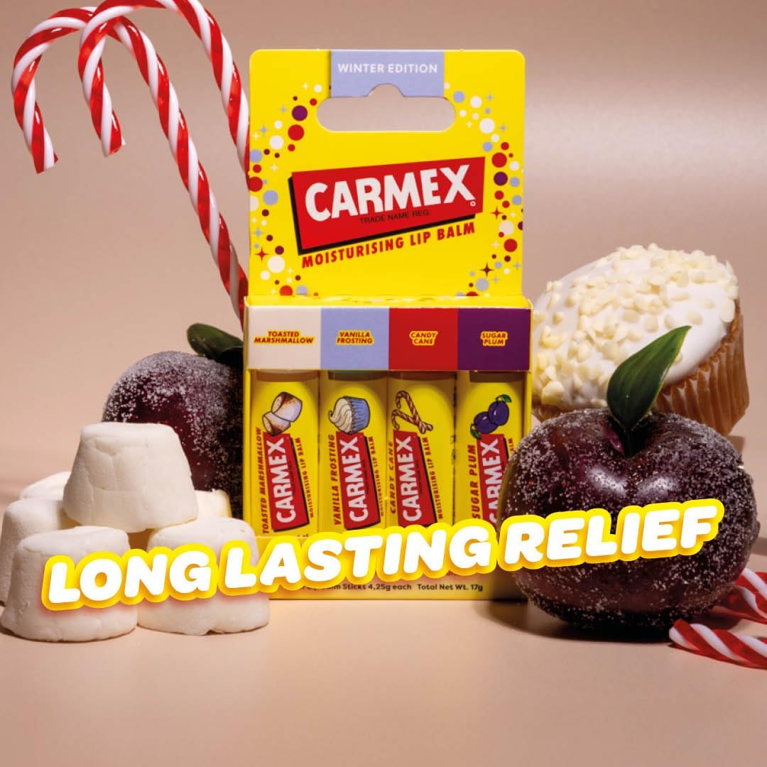 Carmex Lip Balm Set – Pack of 4 | Marshmallow, Vanilla, Candy Cane & Sugar Plum | 24H Hydration | Visibly Softer Lips After 1 Use | Travel-Friendly| Clinically Proven to Reduce Dryness & Fine Lines Halalzen