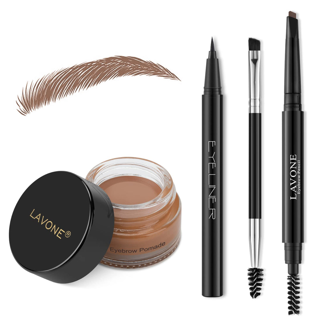 LAVONE Makeup Kit With Eyebrow Stamp Pencil, Waterproof Brow Pencil & Pomade, Eyeliner, Dual-ended Eyebrow Brush, Dark Brown