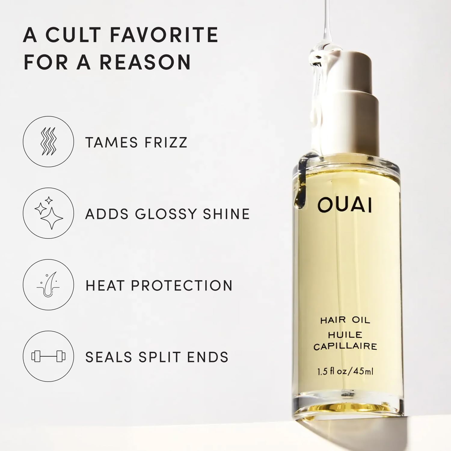 OUAI Hair Oil - Hair Heat Protectant Oil for Frizz Control - Adds Hair Shine and Smooths Split Ends - Color Safe Formula - Paraben, Phthalate and Sulfate Free - 45ml