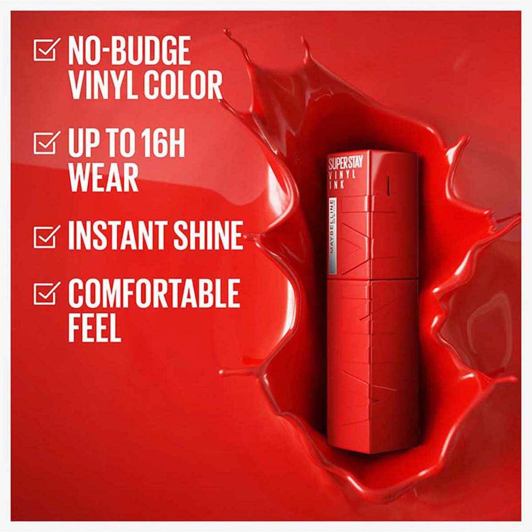 Maybelline New York Super Stay Vinyl Ink Liquid Lip Colour, 16HR Long-Lasting, Ultra-Pigmented, Smudge & Transfer-Proof, High Shine Finish, Vegan Formula for Comfortable Wear, Shade: 10 Lippy Halalzen
