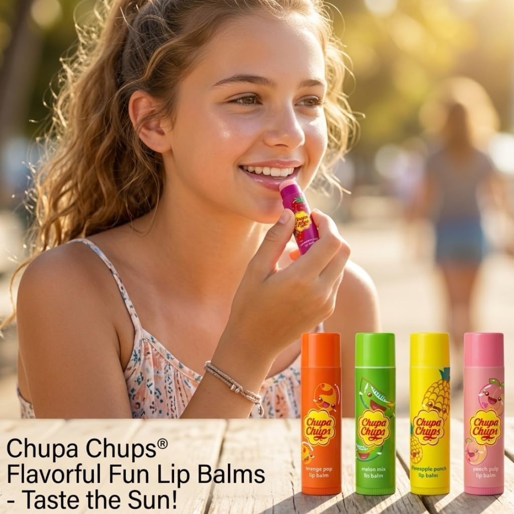 Chupa Chups Lip Licking Lip Balm Collection, 5 Assorted Flavors: Orange Pop, Strawberry Swirl, Melon Mix, Pineapple Punch, and Peach Pulp - Fun, Flavored Lip Care Gift Set for Kids and Adults Halalzen