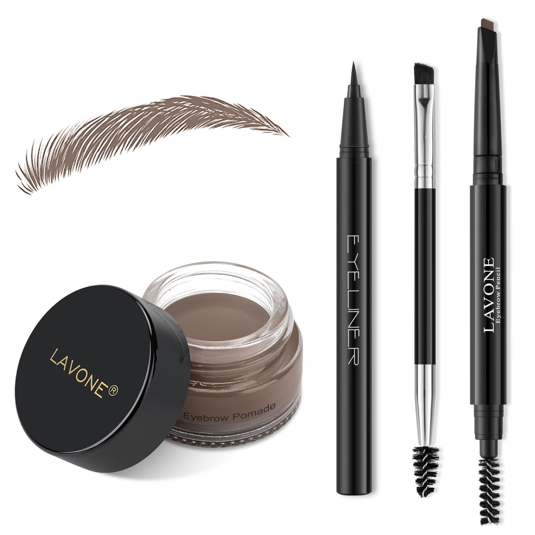 LAVONE Makeup Kit With Eyebrow Stamp Pencil, Waterproof Brow Pencil & Pomade, Eyeliner, Dual-ended Eyebrow Brush, Dark Brown