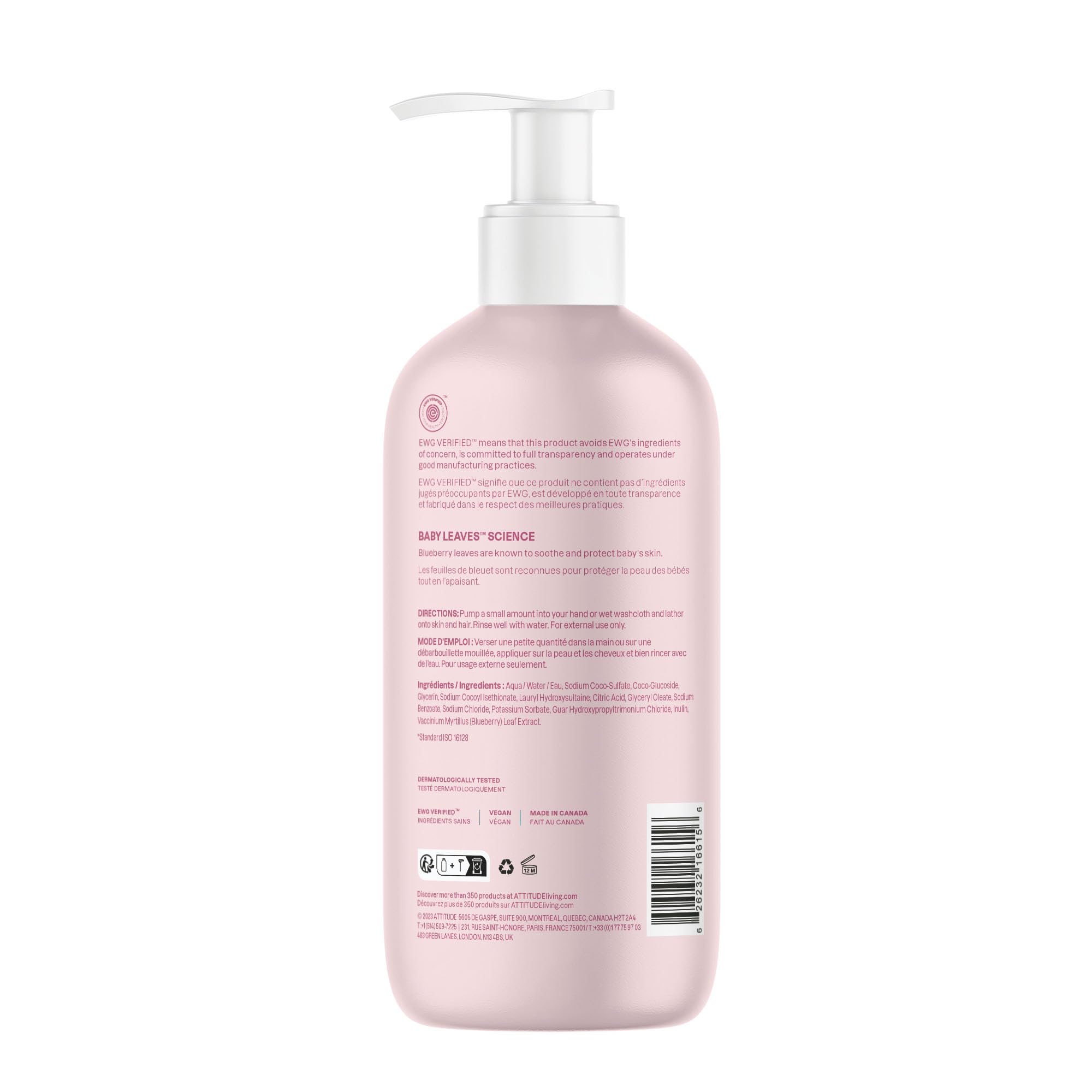 ATTITUDE 2in1 Hair Shampoo and Body Wash for Baby, Plant and Mineral-Based Gentle Formula, EWG Verified, Vegan Baby Products, Pear Nectar, 473 mL