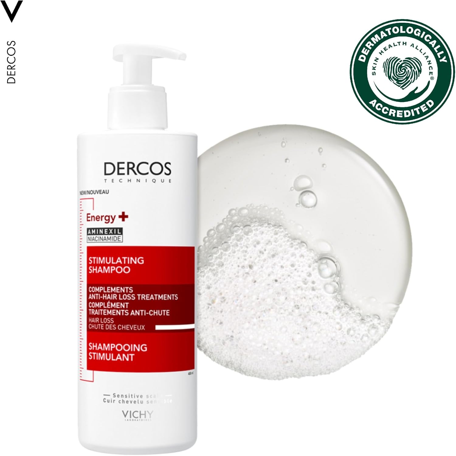 Vichy Dercos Energy+ Anti-Hair Loss Stimulating Shampoo With Aminexil & Niacinamide, For Thinning Hair & Weak Hair Prone to Breakage, Sensitive Scalps, 400ml