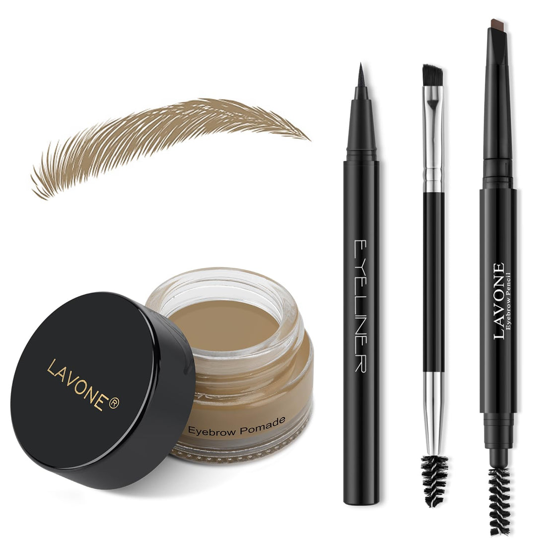 LAVONE Makeup Kit With Eyebrow Stamp Pencil, Waterproof Brow Pencil & Pomade, Eyeliner, Dual-ended Eyebrow Brush, Dark Brown