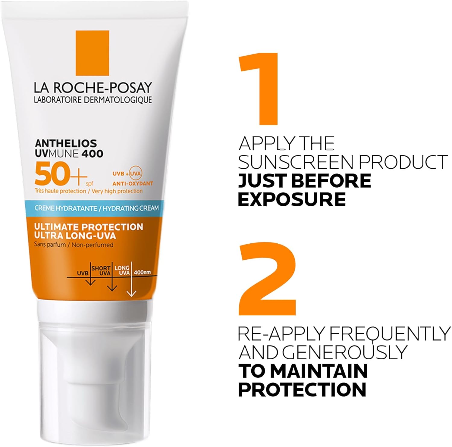 La Roche-Posay Anthelios UVMune 400 Hydrating Cream SPF50+, Face Sunscreen For Dry Sensitive Skin, Ultra Long UVA Protection, Fragrance Free, Water Sweat Sand Resistant, Non-Greasy, 50ml