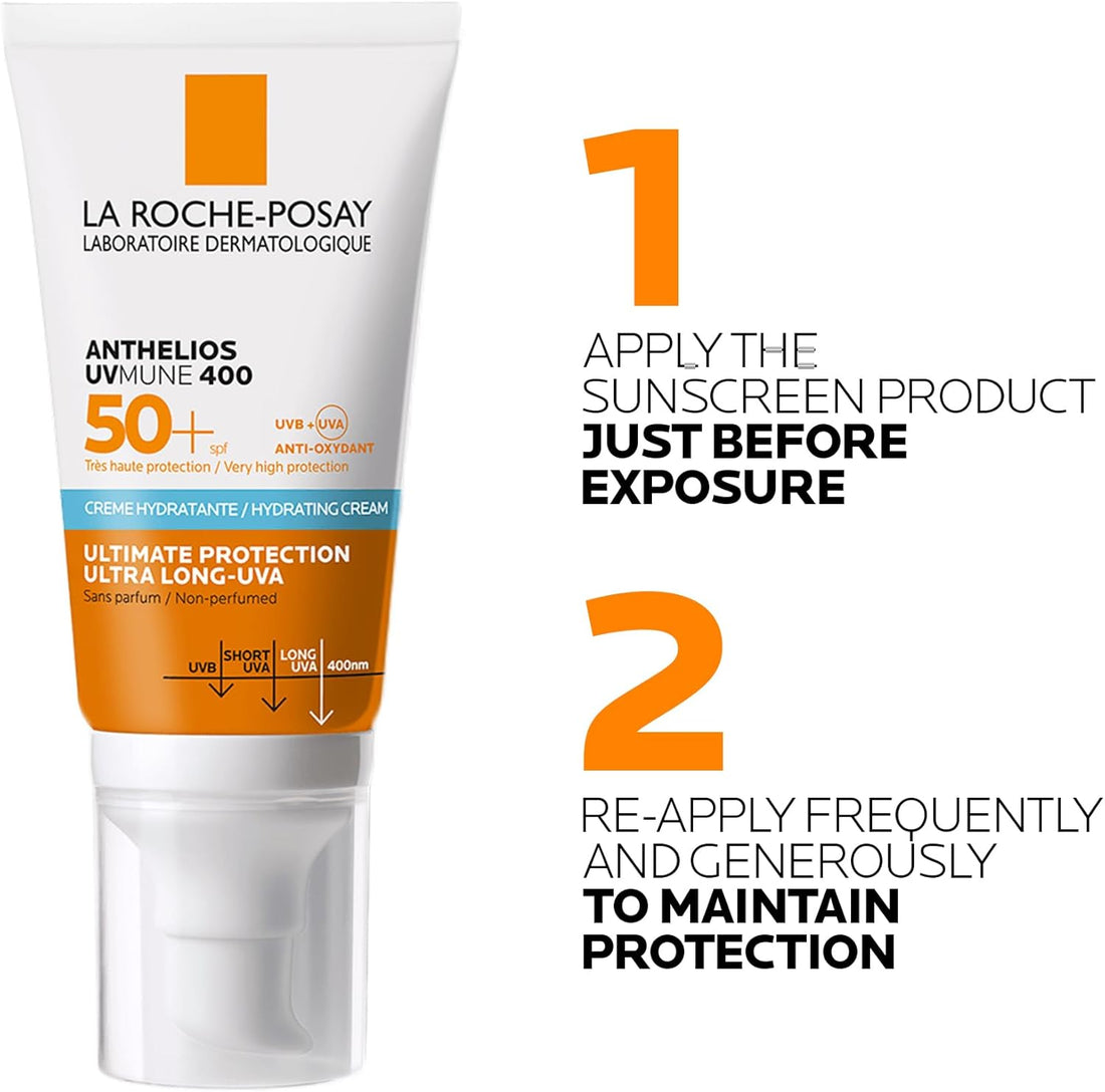 La Roche-Posay Anthelios UVMune 400 Hydrating Cream SPF50+, Face Sunscreen For Dry Sensitive Skin, Ultra Long UVA Protection, Fragrance Free, Water Sweat Sand Resistant, Non-Greasy, 50ml