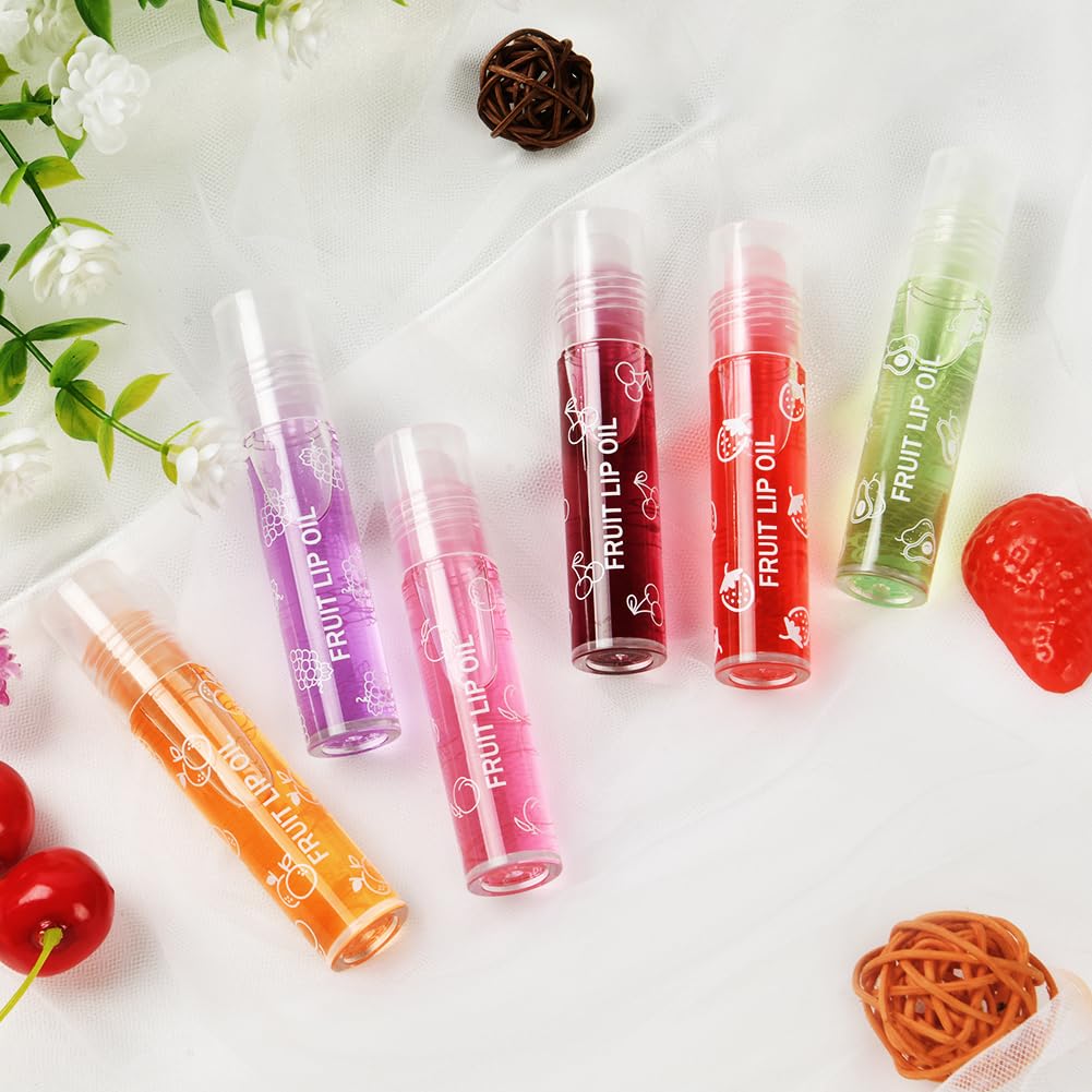 AOOWU 6 Pcs Hydrating Lip Oil Set, Fruit-Flavored Plumping Lip Oil, Long Lasting Lip Glow Balm Lip Care, Transparent Moisturizing No-Sticky Lip Gloss(Peaches,Orange,Avocado,Strawberry,Grape,Cherry)8ML