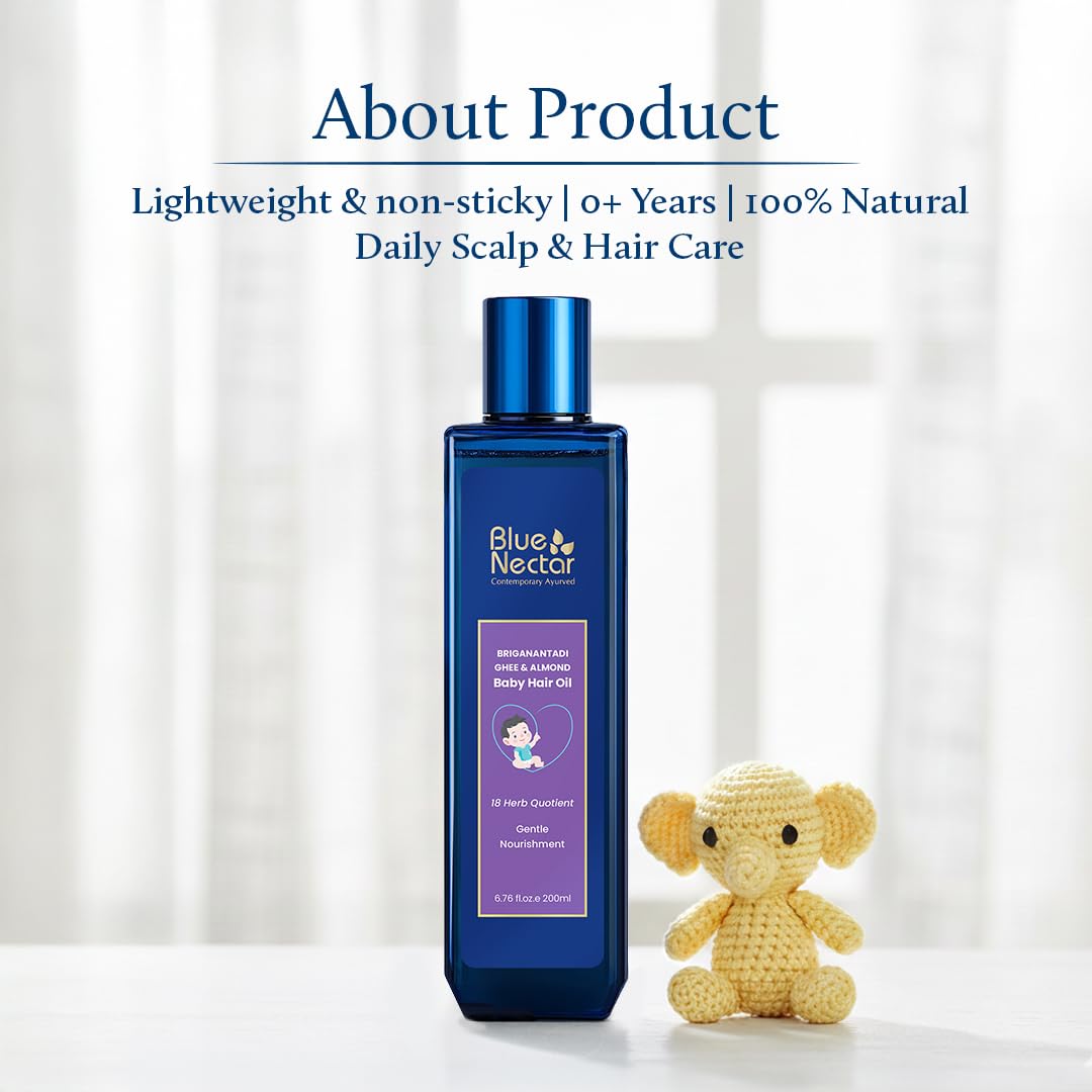 Blue Nectar Ayurvedic Baby Hair Oil for Newborn with Organic Ghee, Almond, Olive & Coconut Oil for Hair Growth and Scalp Moisturization (18 Herbs, 100ml) Halalzen