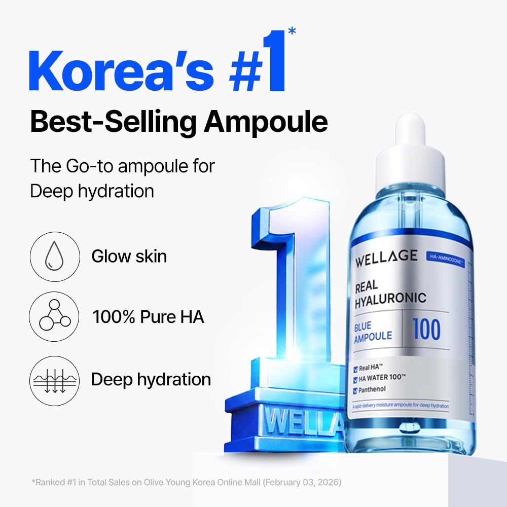 WELLAGE Real Hyaluronic Blue Ampoule 100, Korean Hydrating Serum for Face, Fragrance Free Hyaluronic Acid Deep Moisturizing Serum with Panthenol, PDRN for Sensitive Dry Skin Moisturizer, 2.54 Fl Oz_R Halalzen