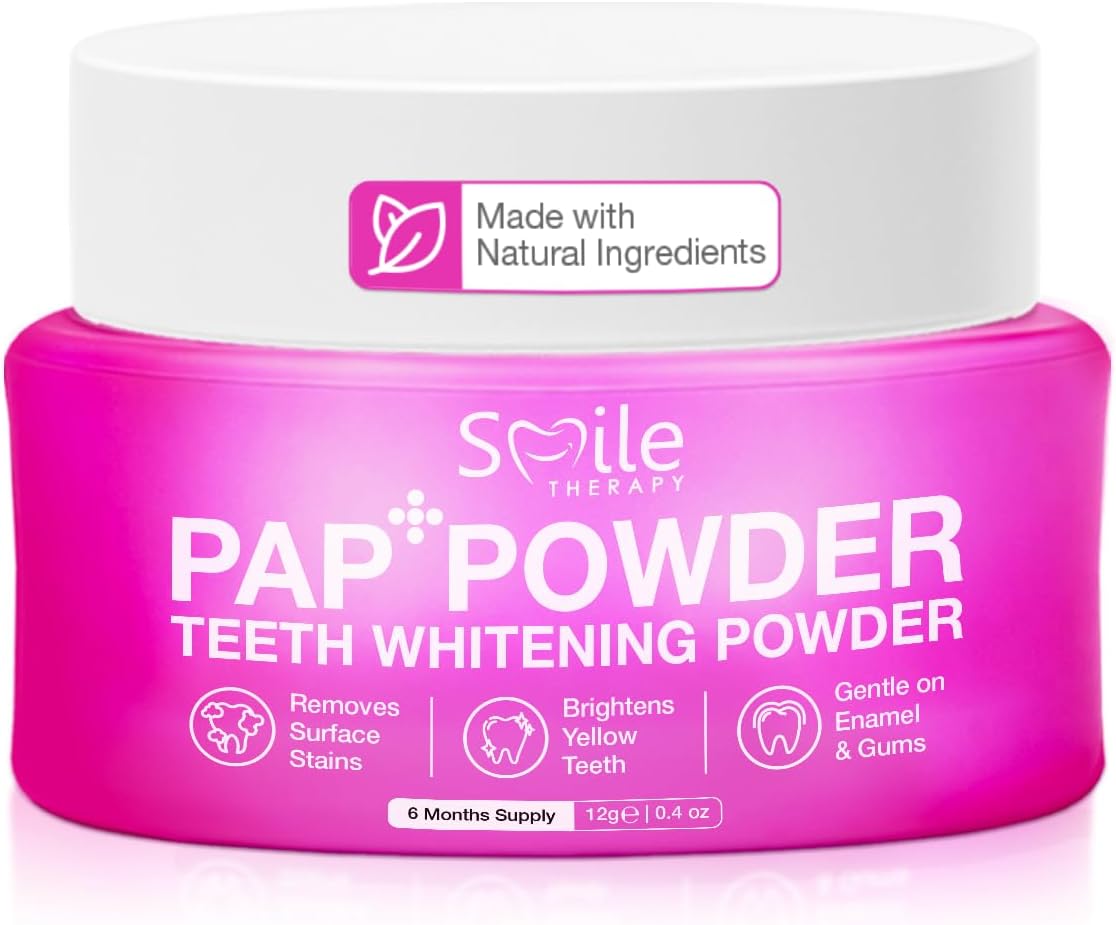 Smile Therapy Teeth Whitening Powder for Stain Removal, Enamel Safe, 6M Use | PAP+ technology, remove coffee tea wine stains, lifts dullness, gum safe, no abrasives, natural ingredients