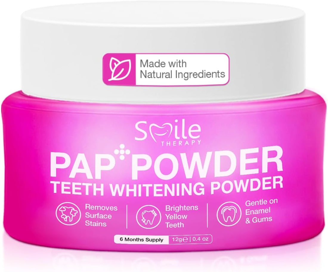 Smile Therapy Teeth Whitening Powder for Stain Removal, Enamel Safe, 6M Use | PAP+ technology, remove coffee tea wine stains, lifts dullness, gum safe, no abrasives, natural ingredients