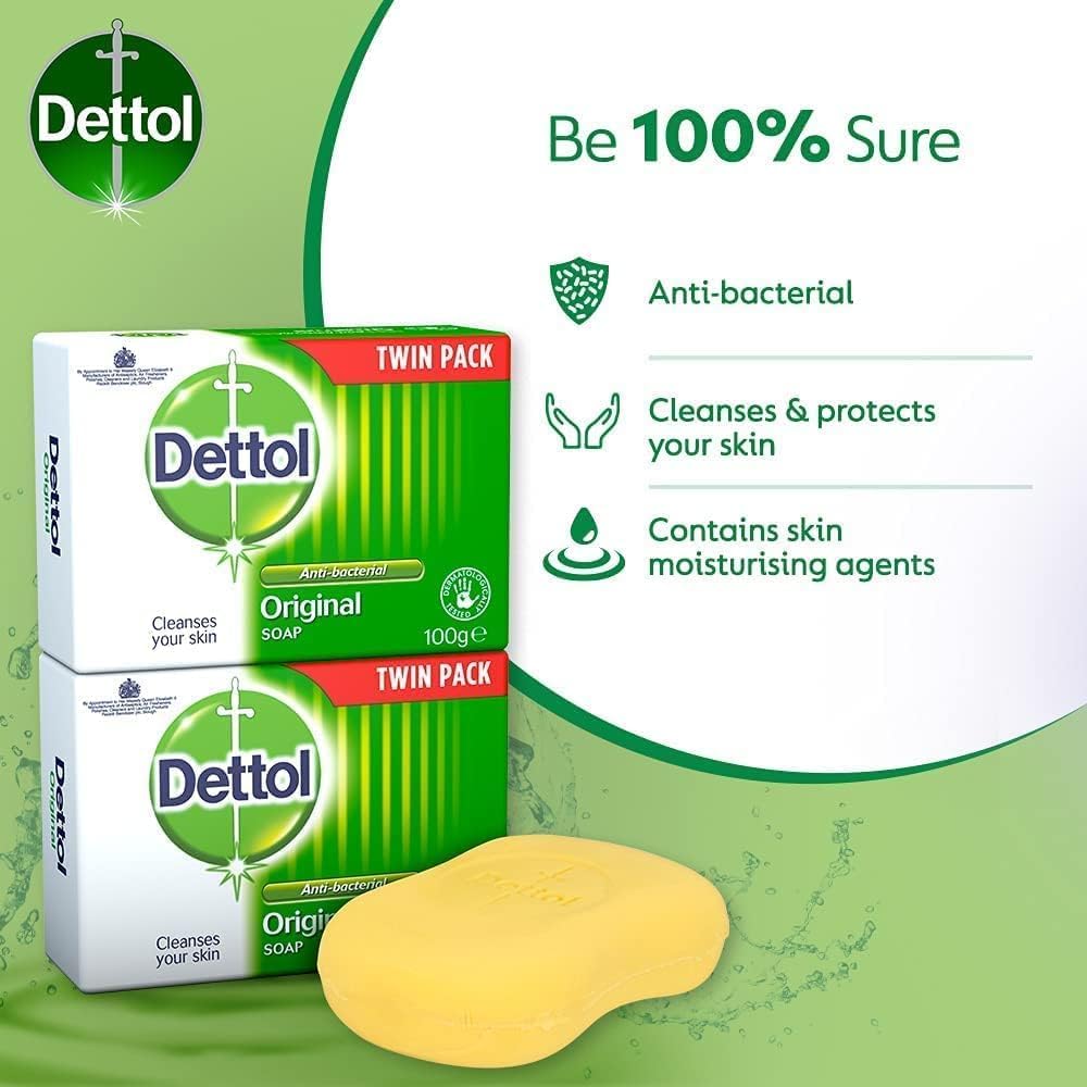 Original Anti-Bacterial Soap Bars 3x Family Twin Packs (6 x 100g) - Bundle Pack of Official Dettol Soap (Total 6 Bars) | Hand & Body Cleanser and Protector Halalzen