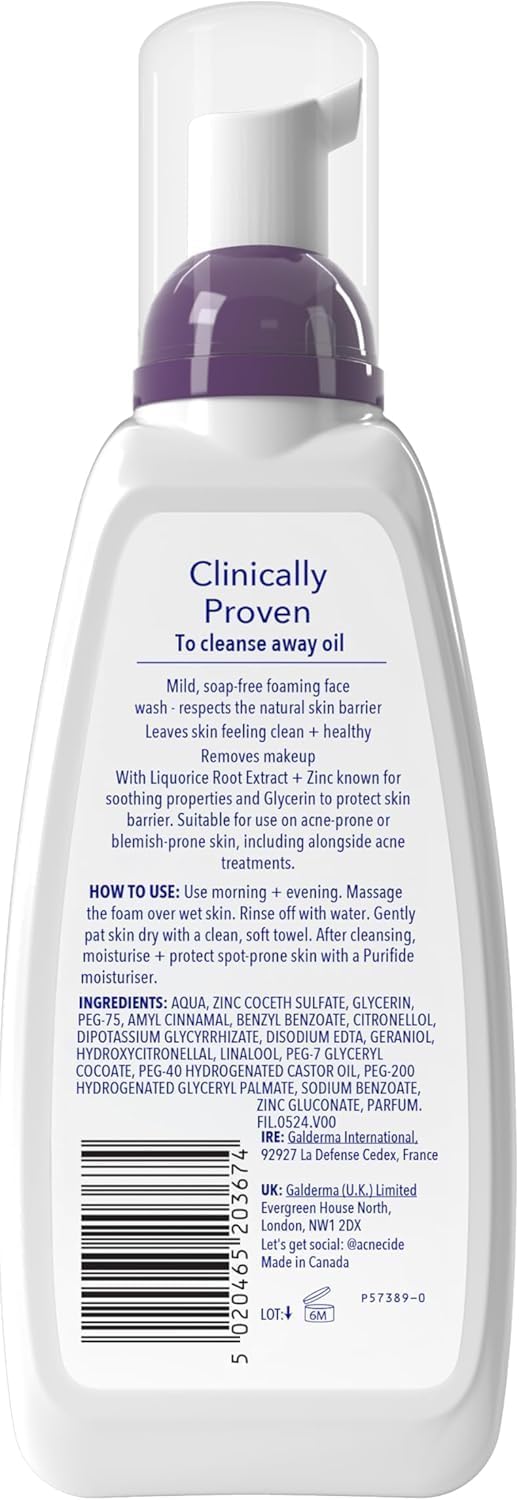 Purifide by Acnecide Daily Cleanser Foaming Acne Face Wash for Spot Prone Skin & Blemish Control, For Women and Men, 235ml, Packaging may vary
