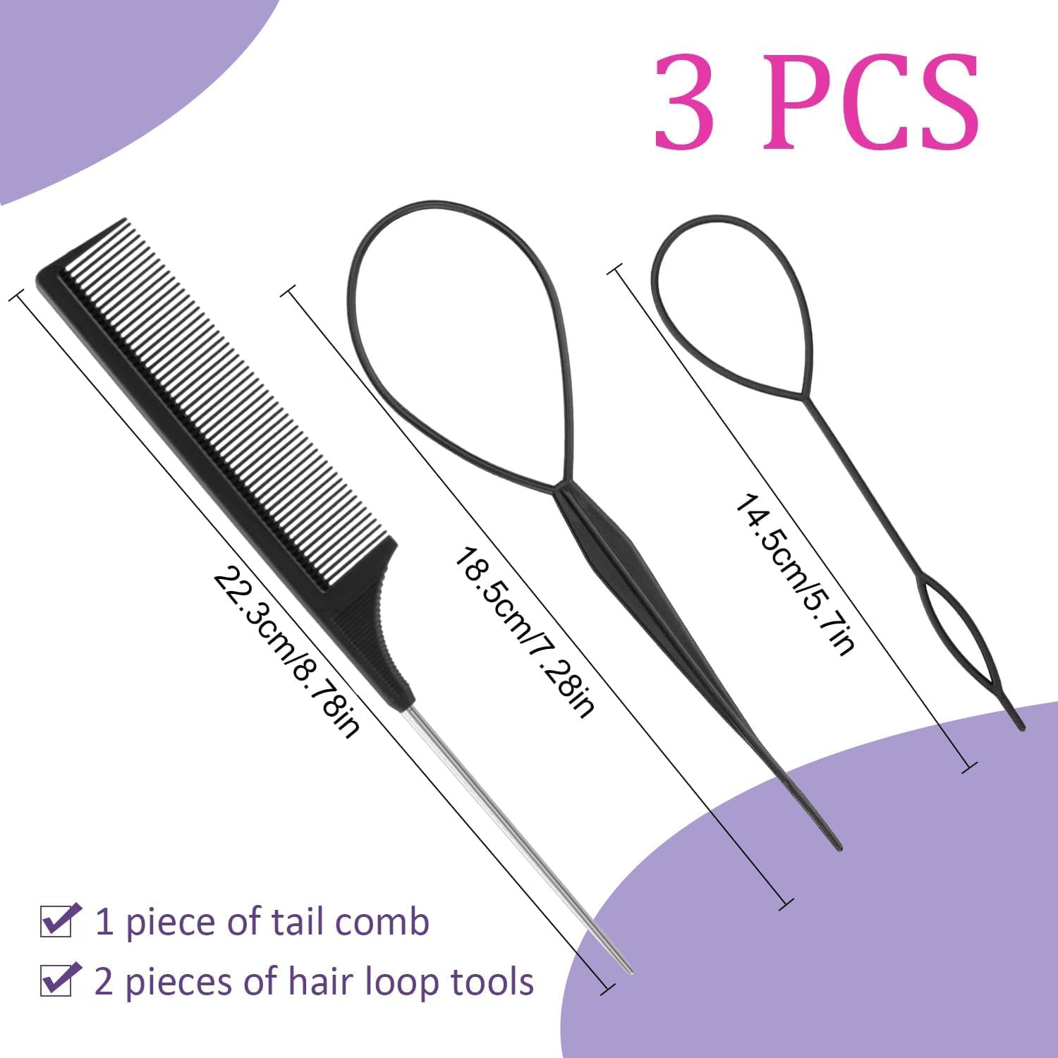 3pcs Topsy Tail Hair Tool, Hair Braiding Tool French Braid Loop Tool, Rat Tail Comb Fast Hair Styling Accessories (Black) Halalzen