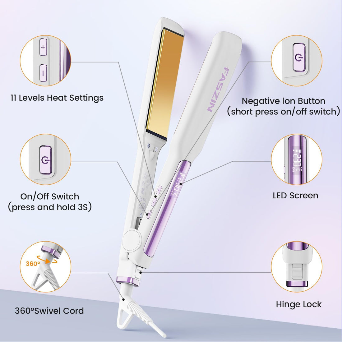 Faszin Professional Hair Straighteners, 42mm Wide-Plate Titanium Negative Ion Flat Iron, 30s Rapid Heating, Real-time Temperature Display, 11 Adjustable Temperature Levels (130-230℃) (Black) Halalzen
