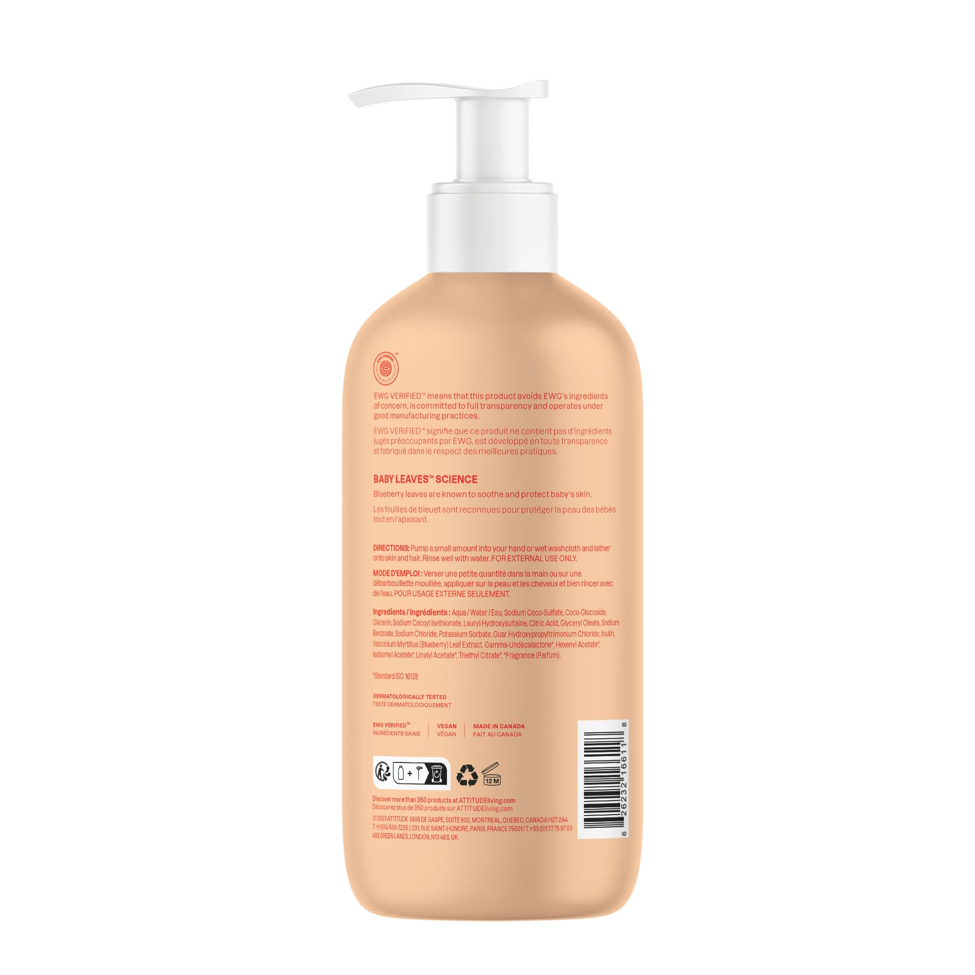 ATTITUDE 2in1 Hair Shampoo and Body Wash for Baby, Plant and Mineral-Based Gentle Formula, EWG Verified, Vegan Baby Products, Pear Nectar, 473 mL