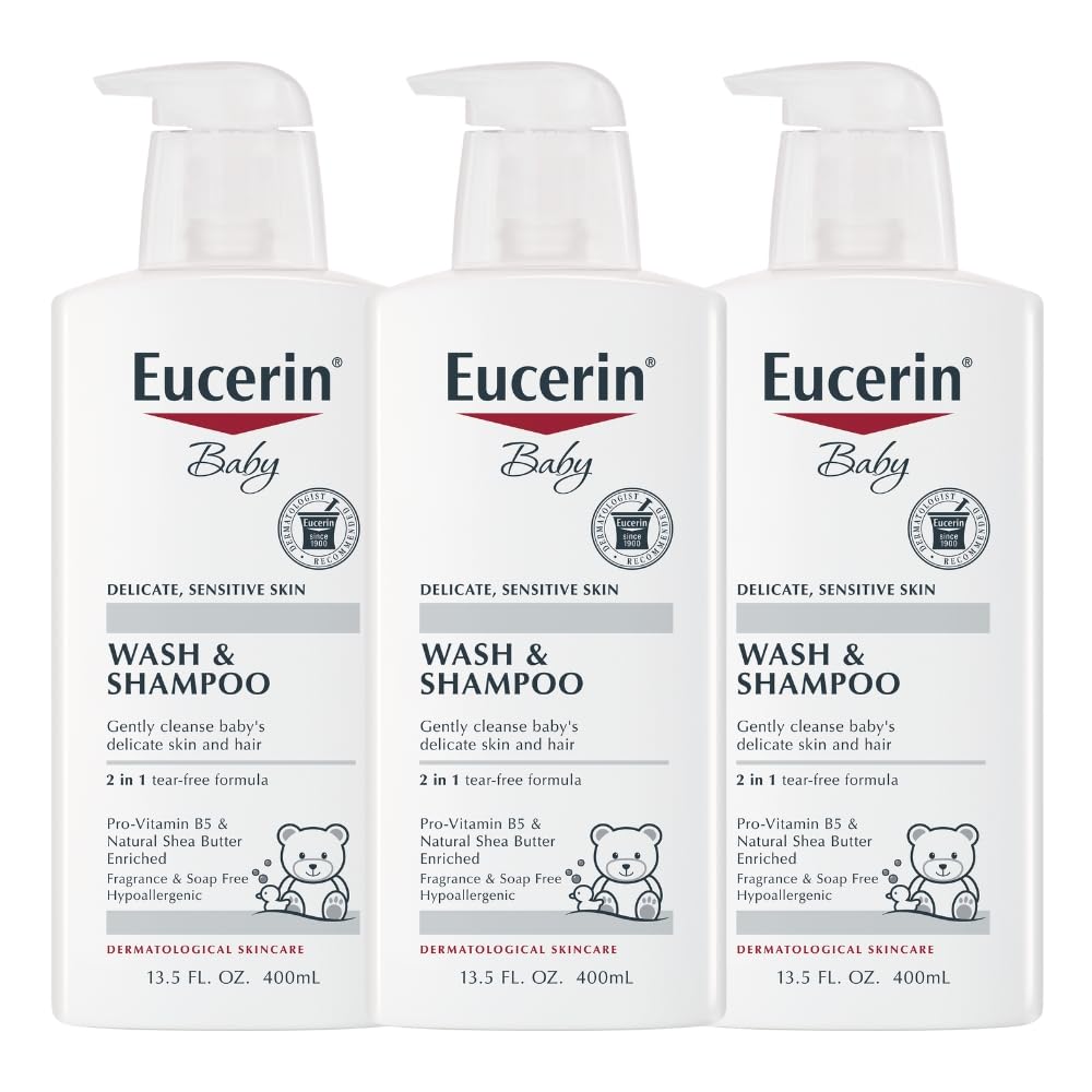 Eucerin Baby Unscented Baby Shampoo and Body Wash, Hypoallergenic, Tear Free Shampoo and Wash with Pro-Vitamin B5 and Shea Butter, 13.5 Fl Oz Bottle 3 pack Halalzen