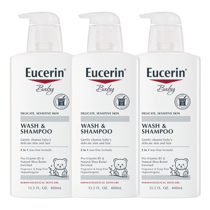 Eucerin Baby Unscented Baby Shampoo and Body Wash, Hypoallergenic, Tear Free Shampoo and Wash with Pro-Vitamin B5 and Shea Butter, 13.5 Fl Oz Bottle 3 pack Halalzen