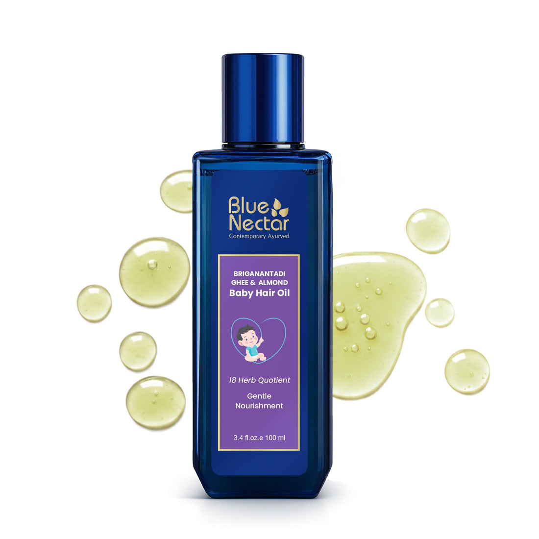 Blue Nectar Ayurvedic Baby Hair Oil for Newborn with Organic Ghee, Almond, Olive & Coconut Oil for Hair Growth and Scalp Moisturization (18 Herbs, 100ml) Halalzen