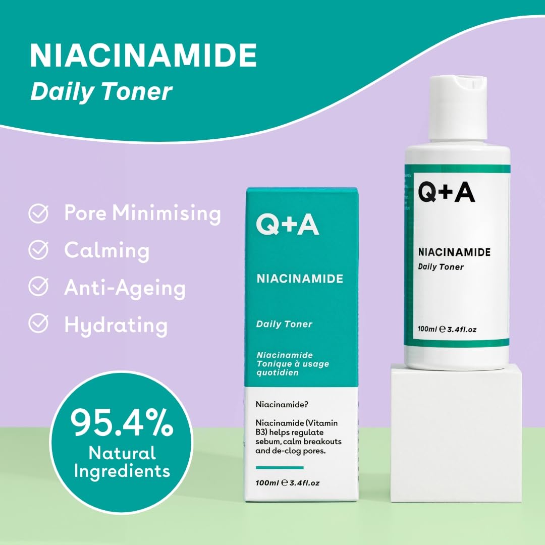 Q+A Niacinamide Daily Toner for Face (100ml), Pore Refining and Hydrating Face Toner with Hyaluronic Acid and Aloe Vera, Fragrance Free Skincare, Helps Calm Redness and Blemishes