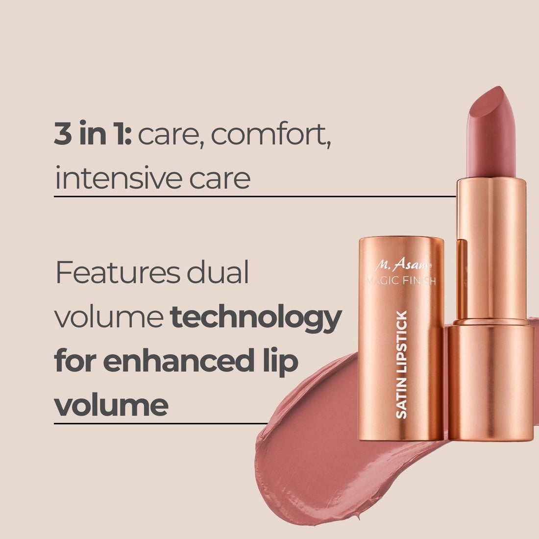 M. Asam MAGIC FINISH Lipstick Almond (4g) - Long Lasting Lipstick with Satin Finish, Intense Color & Care for Smooth Lips, Creamy Texture, Semi Matte Lipstick Look, Elegant Make Up Halalzen