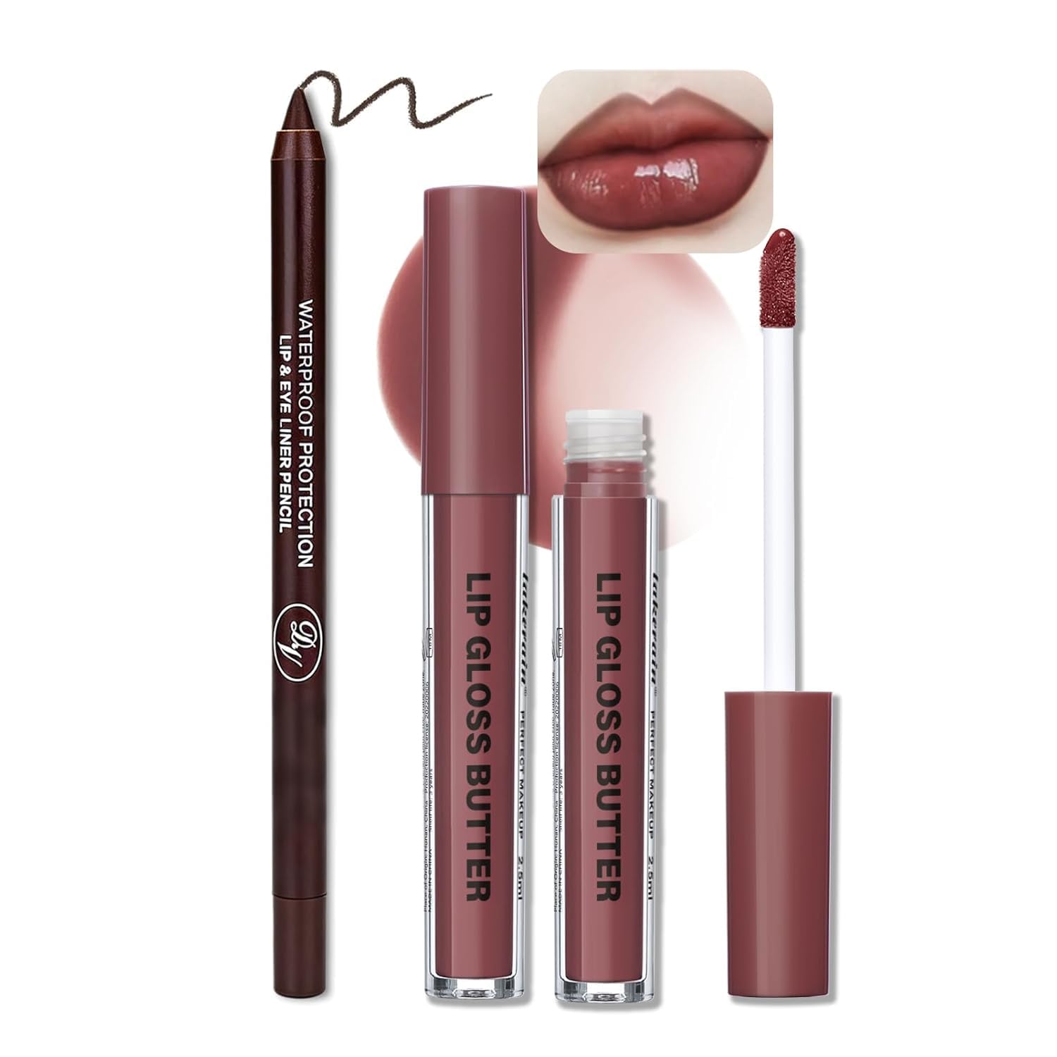 Lip Gloss and Lip Liner Set, Tinted Lip Gloss with Lip Pencil, Waterproof Long Lasting Glossy Lip Combo, Nude Lip Makeup Kit for Women (#V02+104) Halalzen