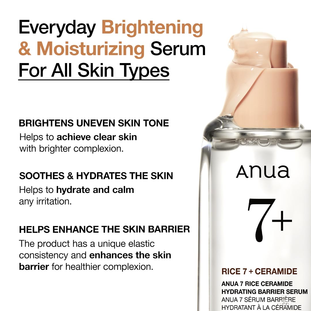 Anua Rice Ceramide 7 Hydrating Barrier Serum, Moisturizing Face Serum, Non-comodogenic, Hyaluronic Acid, Niacinamide, Lightweight, Fragrance Free, Sensitive Dry Skin, Korean Skincare, 1.69 fl oz Halalzen