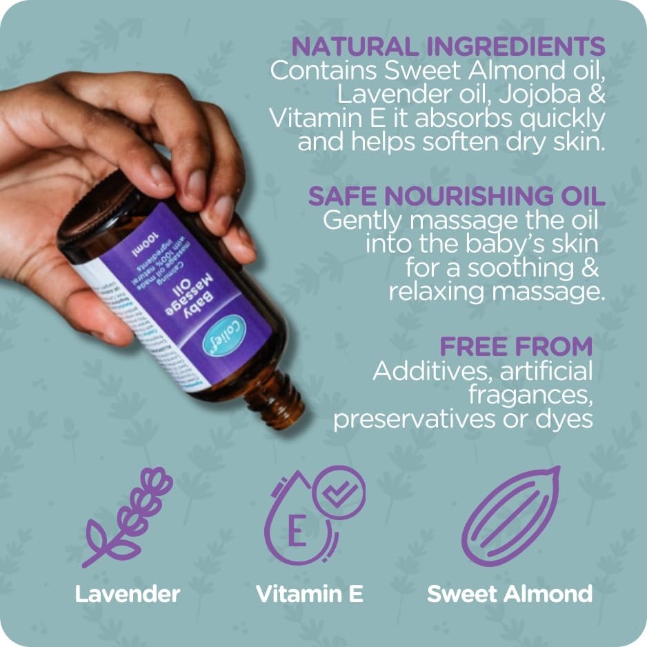 Colief Baby Massage Oil | Soothing Oil For Infants | Made With 100% Natural Ingredients Including Sweet Almond Oil, Lavender Oil, Jojoba & Vitamin E | Suitable From Birth 100ml Halalzen