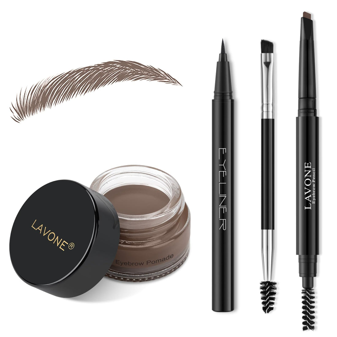 LAVONE Makeup Kit With Eyebrow Stamp Pencil, Waterproof Brow Pencil & Pomade, Eyeliner, Dual-ended Eyebrow Brush, Dark Brown