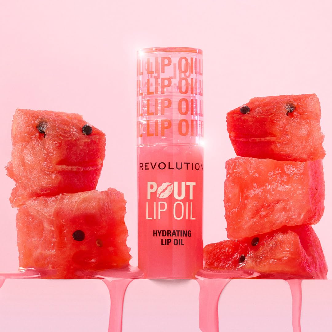 Revolution, Pout Lip Oil, Nourishing Tinted Lip Oil, High Shine, Non-Sticky Finish, Vegan & Cruelty-Free, Glam Pink Shimmer, 4ml