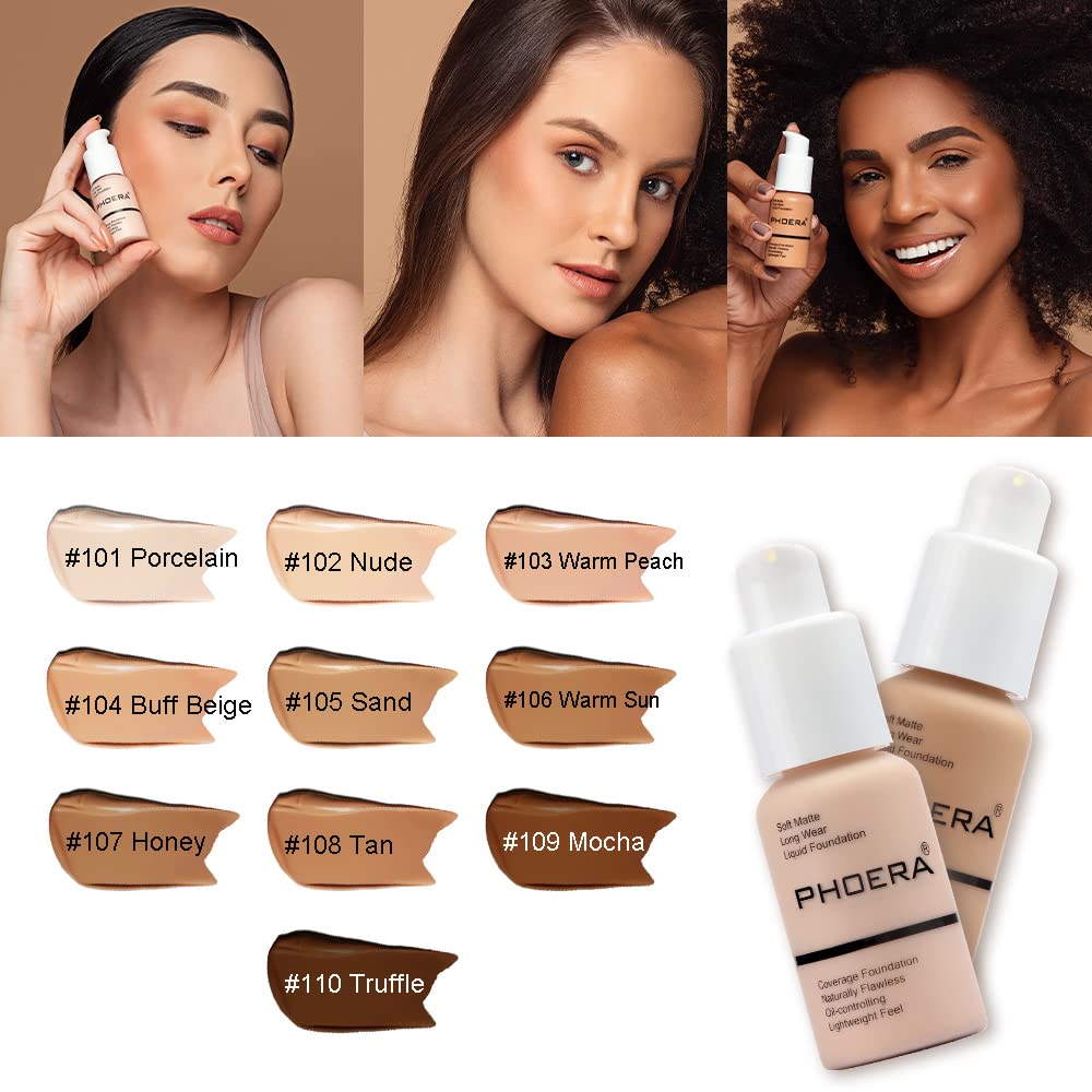 PHOERA Foundation - Flawless Soft Matte Liquid Foundation with 24 HR Oil Control and Concealer, Full Coverage Makeup for a Smooth, Long-Lasting Look, Waterproof 30ml (102 Nude) Halalzen