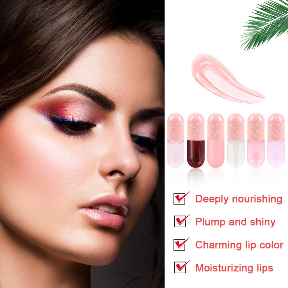 AOOWU 6 Pcs Hydrating Lip Oil Set, Fruit-Flavored Plumping Lip Oil, Long Lasting Lip Glow Balm Lip Care, Transparent Moisturizing No-Sticky Lip Gloss(Peaches,Orange,Avocado,Strawberry,Grape,Cherry)8ML