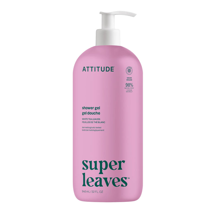 ATTITUDE Soothing Shower Gel, Dermatologically Tested, Plant and Mineral-Based, Vegan Personal Care Products, White Tea Leaves, 32 Fl Oz