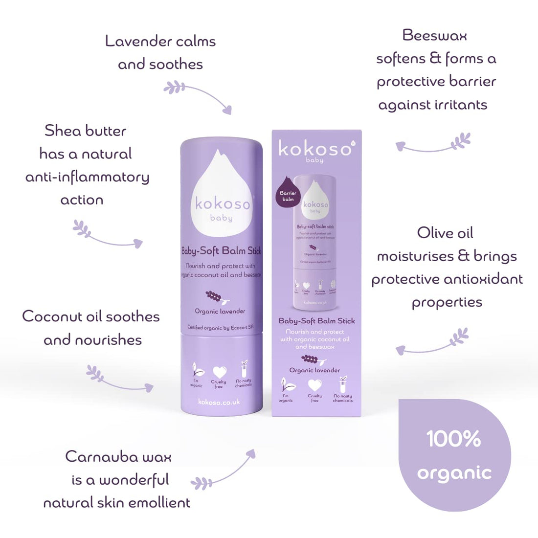 Kokoso Baby Soft Balm Stick, Organic Lavender, Great for Dry Hands, Sore Lips and Chapped Cheeks, Protects Dribbly Chins and Soothes Dribble Rash, 100% Natural & Organic Ingredients, 13g Halalzen