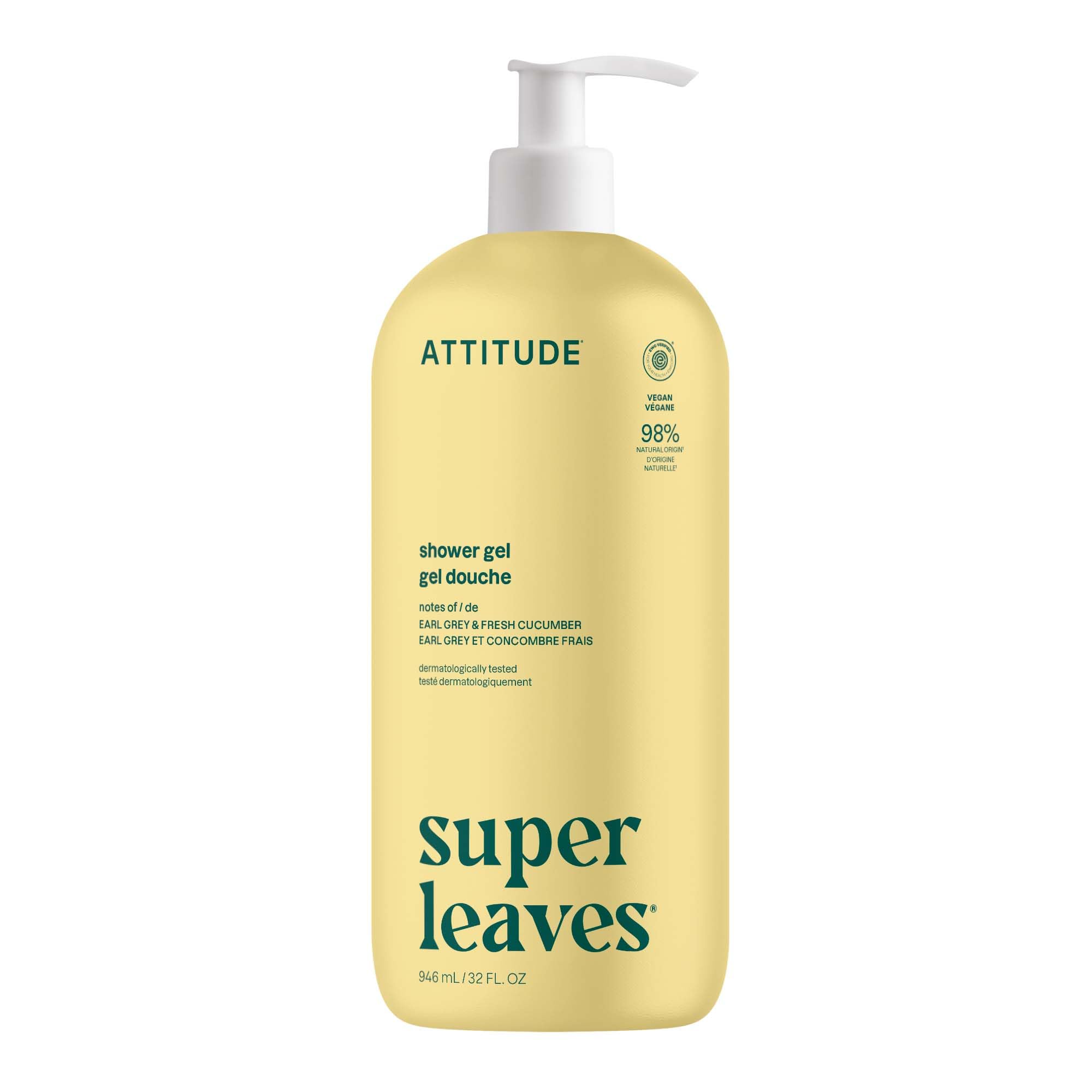 ATTITUDE Soothing Shower Gel, Dermatologically Tested, Plant and Mineral-Based, Vegan Personal Care Products, White Tea Leaves, 32 Fl Oz