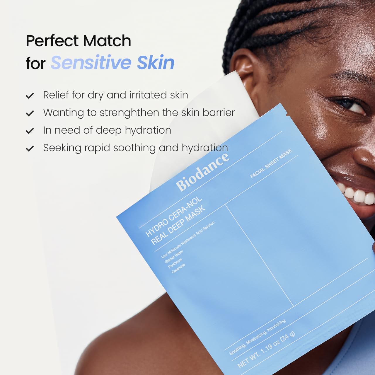 BIODANCE Hydro Cera-nol Real Deep Mask, Hydrating Overnight Hydrogel Face Mask, Moisturizing, Redness Reducing, Quick Soothing, After Sun Care, Sunburn Relief, Korean Skin Care |1.19oz(34g) x4ea Halalzen