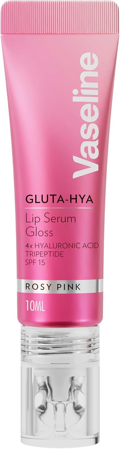 Vaseline Gluta-Hya Rosy Pink Lip Gloss, Serum Lip Care with Hyaluronic Acid and GlutaGlow Technology, Tints, Plumps and Protects with SPF15 for Plump and Dewy Lips 10 ml Halalzen