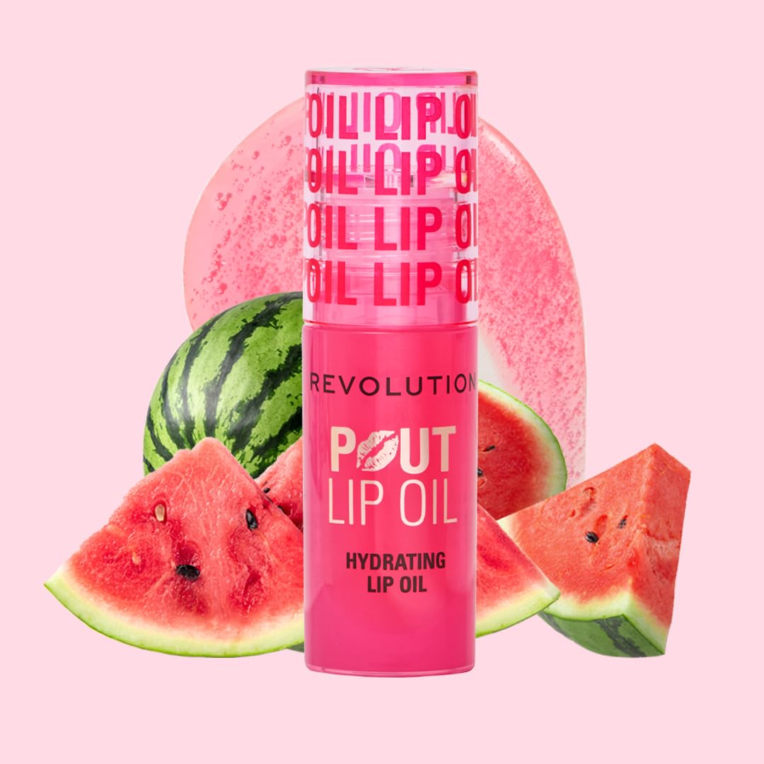 Revolution, Pout Lip Oil, Nourishing Tinted Lip Oil, High Shine, Non-Sticky Finish, Vegan & Cruelty-Free, Glam Pink Shimmer, 4ml