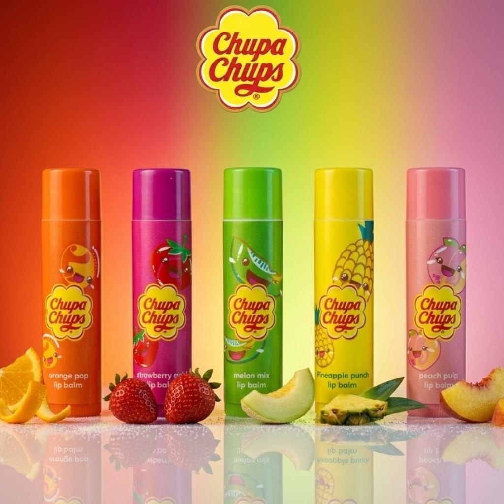 Chupa Chups Lip Licking Lip Balm Collection, 5 Assorted Flavors: Orange Pop, Strawberry Swirl, Melon Mix, Pineapple Punch, and Peach Pulp - Fun, Flavored Lip Care Gift Set for Kids and Adults Halalzen