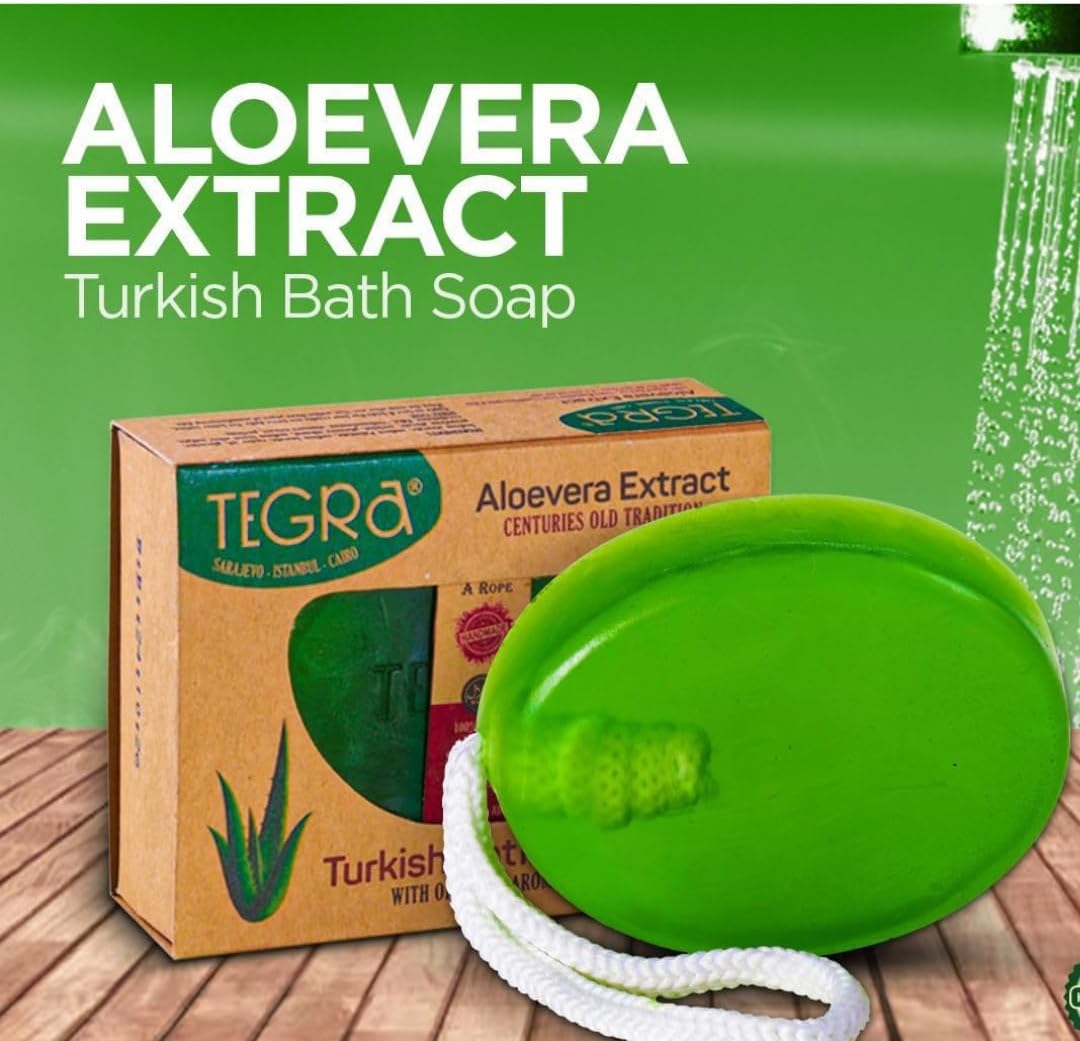 Aloe Vera Extract Turkish Bath Soap with Rope, Vegan Moisturizing Cleansing Bar for Sensitive Skin, Plant Based, 2 Pack Halalzen