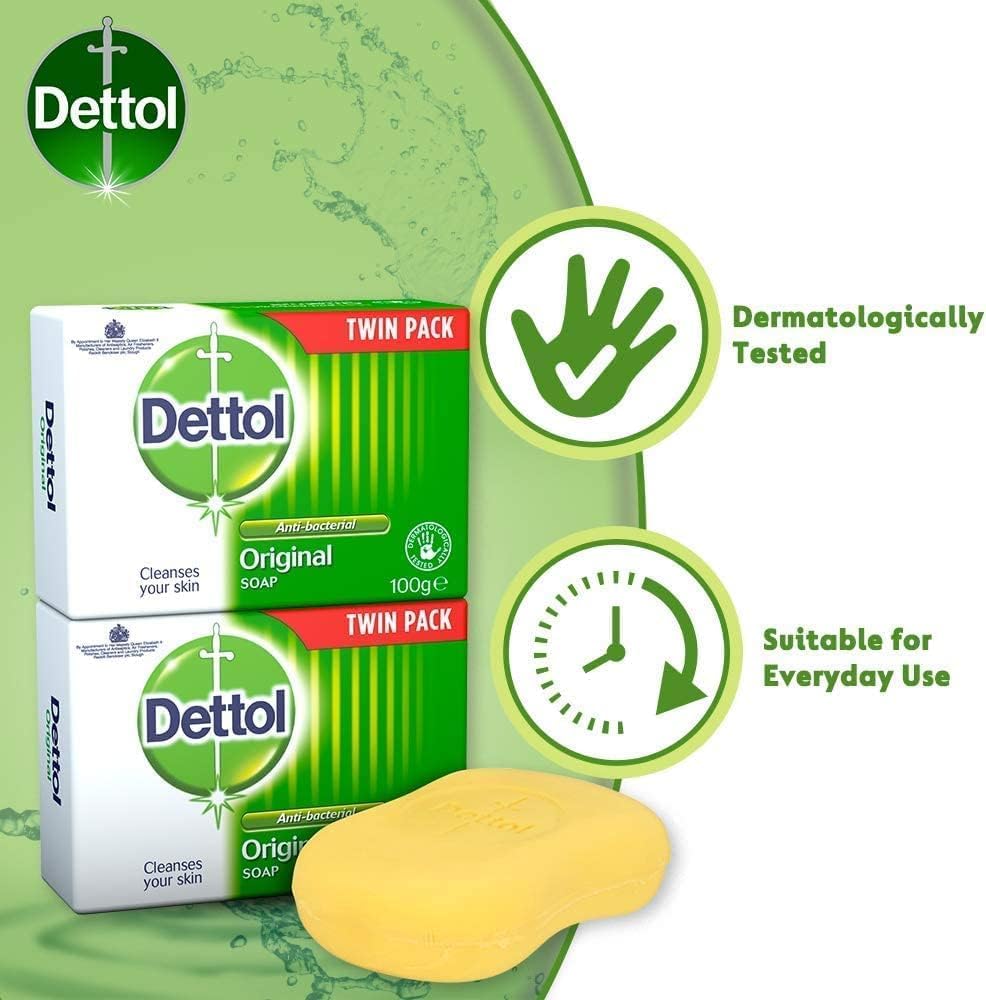 Original Anti-Bacterial Soap Bars 3x Family Twin Packs (6 x 100g) - Bundle Pack of Official Dettol Soap (Total 6 Bars) | Hand & Body Cleanser and Protector Halalzen
