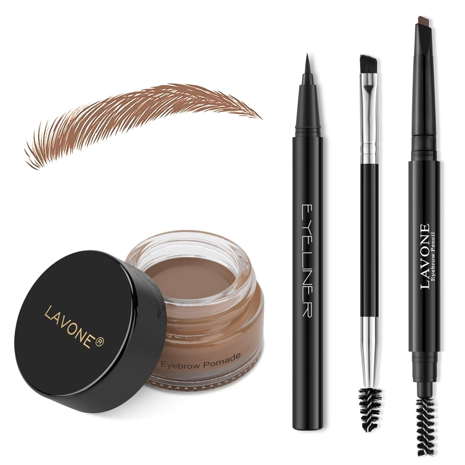 LAVONE Makeup Kit With Eyebrow Stamp Pencil, Waterproof Brow Pencil & Pomade, Eyeliner, Dual-ended Eyebrow Brush, Dark Brown
